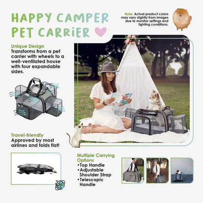 Happy Camper Expandable Pet Carrier: 4X Room, Durable Mesh, 360° Wheels, Faux-Sherpa Mat, Airline Approved, 3 Carrying Options, Zipper Doors, Removable Wheels & Base, Folds Flat for Travel for Dogs, Cats, Small Animals, Supports up to 20 LBS
