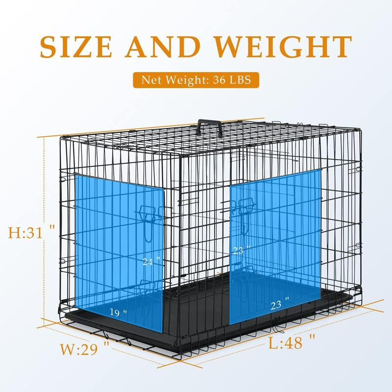 Large Dog Crate, 18/24/36/42/48 Inches Double Door Pet Crate Folding Metal Wire Dog Cage Pet Dog Kennel with Divider Panel, Leak-Proof Plastic Pan, Indoor Outdoor Pet Crates for Medium and Large Breed Pet Animals
