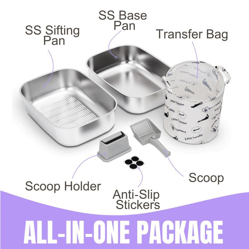 XL Sifting Litter Box for Regular Litter,Stainless Steel Sifting Box, Easy to Clean Catbox with High Sides, Includes Scoop & Transfer Bag