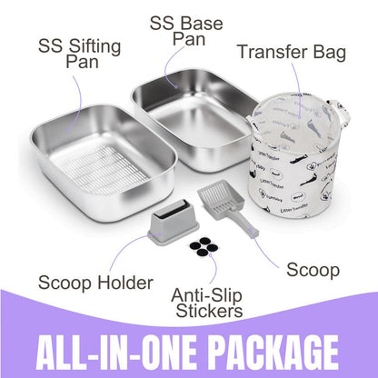 XL Sifting Litter Box for Regular Litter,Stainless Steel Sifting Box, Easy to Clean Catbox with High Sides, Includes Scoop & Transfer Bag