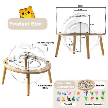 Round Cat Aquarium Tank with Wooden Stand - Reinforced Thick Glass Fish Tank with Viewing Space for Cats, Small Pets, and Fish - Creative Coexistence Habitat for Play and Rest - Includes Decorative Stones and Ornaments, Aquarium Fish Tank