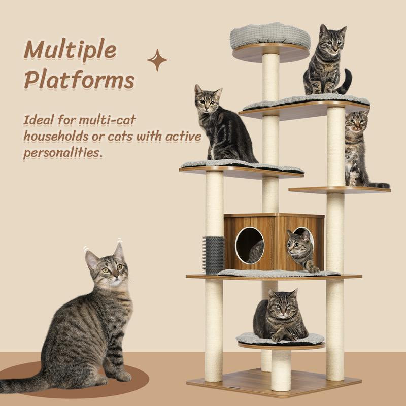 KAMABOKO Wooden Cat Tree Tower with Multi-Level Platforms Large Cat Tower Multi-Level Platforms with Sisal Scratching Posts Cat Toy