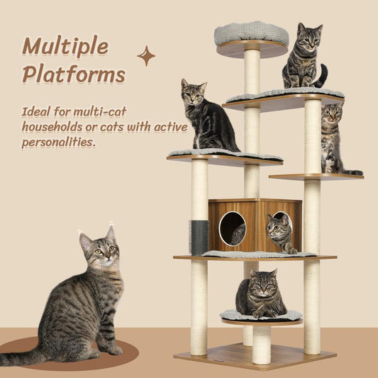 KAMABOKO Wooden Cat Tree Tower with Multi-Level Platforms Large Cat Tower Multi-Level Platforms with Sisal Scratching Posts Cat Toy