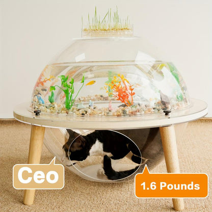Round Cat Aquarium Tank with Wooden Stand - Reinforced Thick Glass Fish Tank with Viewing Space for Cats, Small Pets, and Fish - Creative Coexistence Habitat for Play and Rest - Includes Decorative Stones and Ornaments, Aquarium Fish Tank