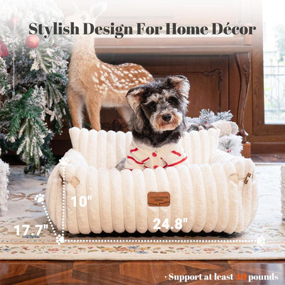 Pet Couch Bed, Orthopedic Fluffy Sofa for Cat and Small Dog, Recliner with Removable Washable Cover, Cute Calming Pet Lounge Suitable for Puppy Kitten for Indoor (Off-White)