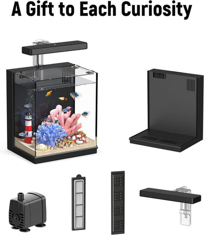 Fish Tank with Filter & Light, Beta Fish Aquariums, 2 Gallon Self Cleaning Fish Tanks for Kids & Starter, Black