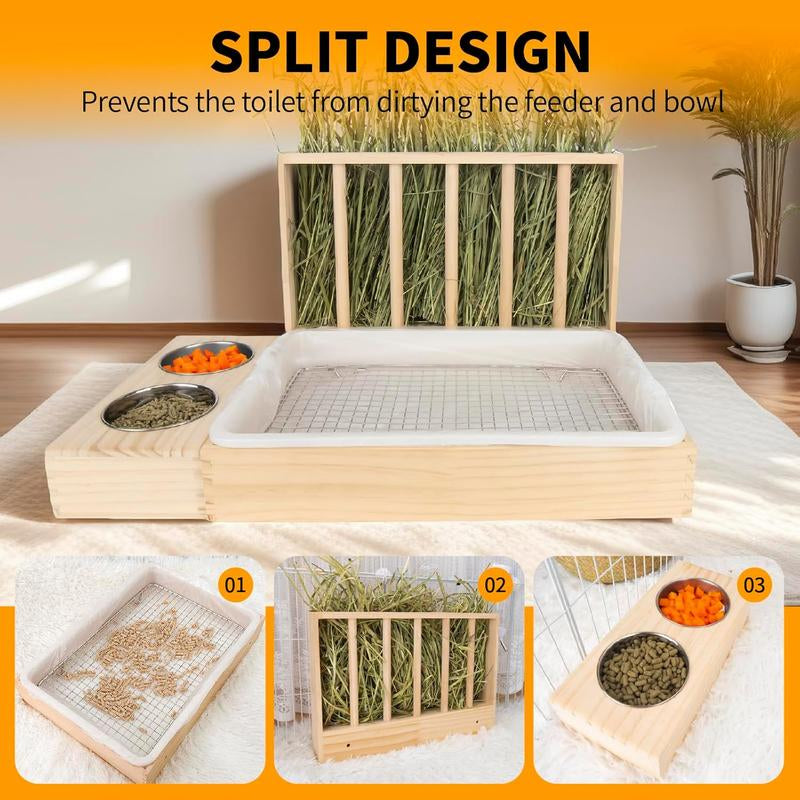 3 in 1 Hay Feeder with Litter Box,Upgraded Wooden Hay Feeder Set for Guinea Pig Chinchilla Bunny Other Small ,Quick Cleaning & Large Capacity & Preventing