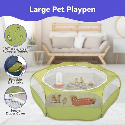 Pawaboo 5-In-1 Chicken Brooder Box for Chick Starter Kit, Includes Pet Cage Tent, Chicks Perch, Chick Feeder, 1.1L Chick Waterer, Baby Chick Supplies (Brooder Set), Green + Red + Wood Color