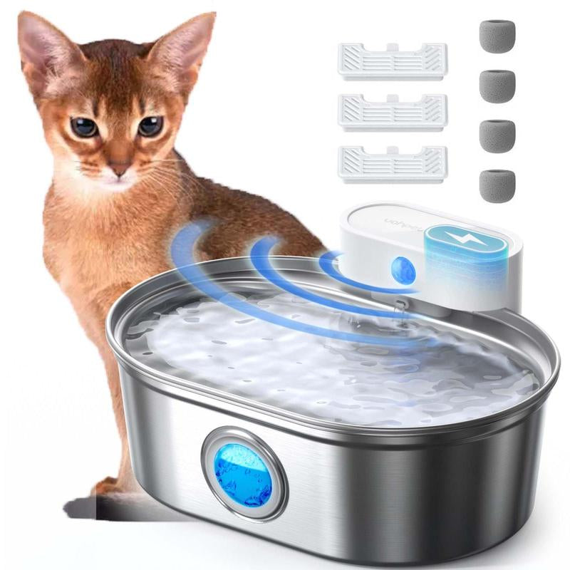 Uahpet Stainless Steel Wireless Cat Water Fountain Pro, Cordless Battery-Operated Pet Water Dispenser for Dog Rabbit, Easy to Clean 67Oz/2L