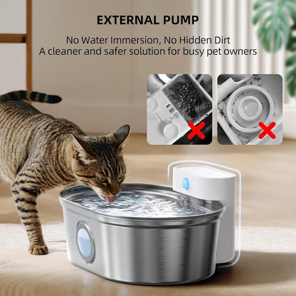 Uahpet Stainless Steel Wireless Cat Water Fountain Pro, Cordless Battery-Operated Pet Water Dispenser for Dog Rabbit, Easy to Clean 67Oz/2L