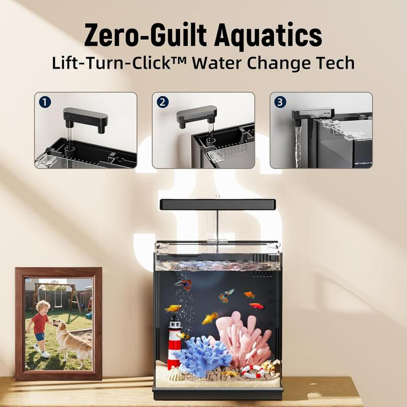 Fish Tank with Filter & Light, Beta Fish Aquariums, 2 Gallon Self Cleaning Fish Tanks for Kids & Starter, Black