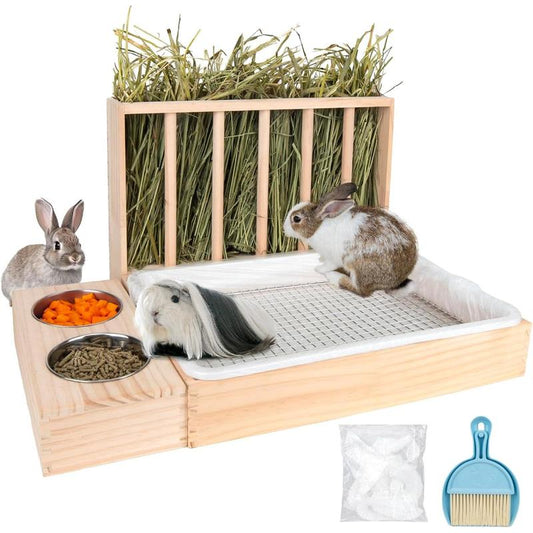 3 in 1 Hay Feeder with Litter Box,Upgraded Wooden Hay Feeder Set for Guinea Pig Chinchilla Bunny Other Small ,Quick Cleaning & Large Capacity & Preventing