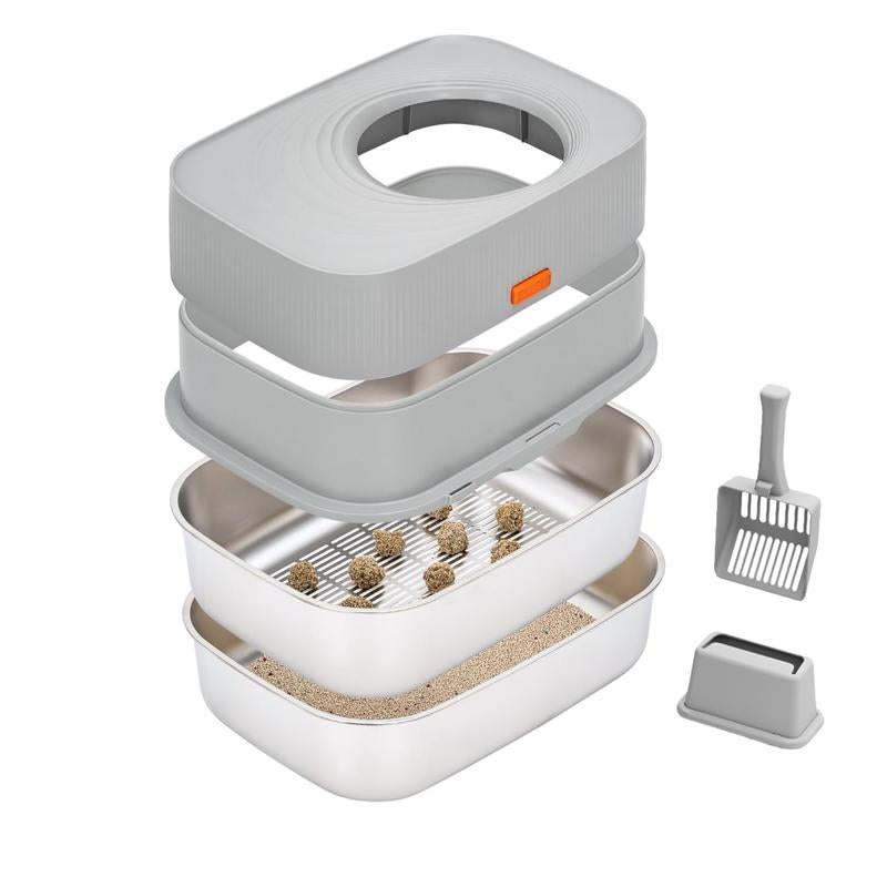 XL Sifting Litter Box for Regular Litter,Stainless Steel Sifting Box, Easy to Clean Catbox with High Sides, Includes Scoop & Transfer Bag