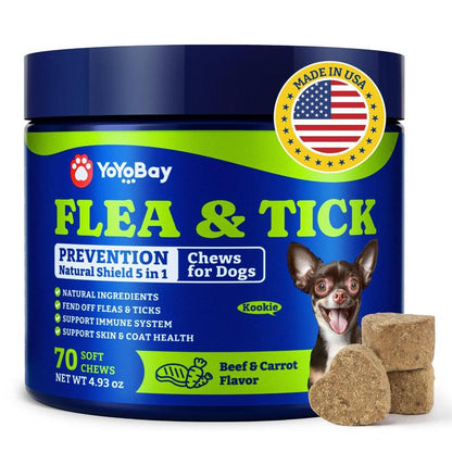 Flea and Tick Support Chews for Dogs, Yoyobay Natural Dog Fleas and Ticks Support Soft Treats, Natural Shield 5-In-1 Protection, Beef & Carrot Flavor, Duck & Pear Flavor, 70 Soft Chews