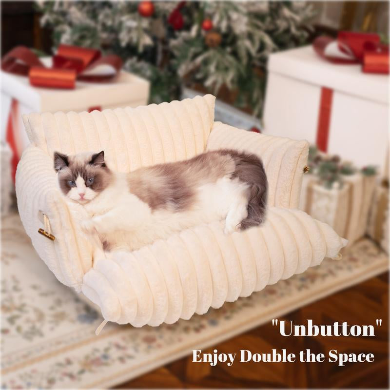 Pet Couch Bed, Orthopedic Fluffy Sofa for Cat and Small Dog, Recliner with Removable Washable Cover, Cute Calming Pet Lounge Suitable for Puppy Kitten for Indoor (Off-White)