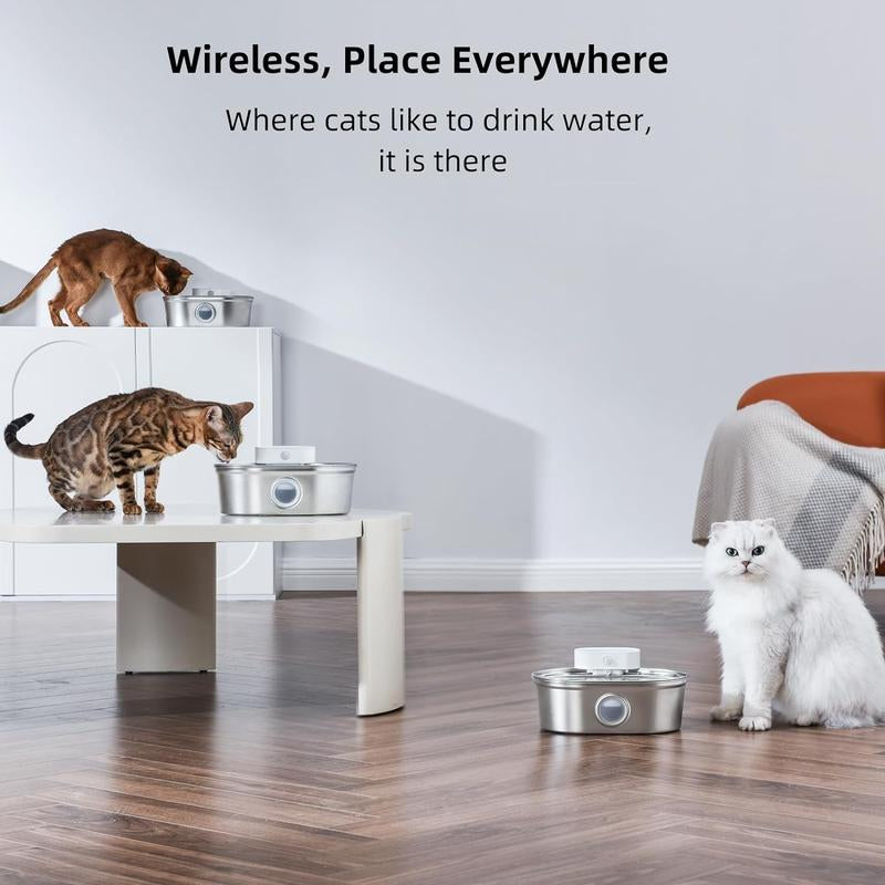 Uahpet Stainless Steel Wireless Cat Water Fountain Pro, Cordless Battery-Operated Pet Water Dispenser for Dog Rabbit, Easy to Clean 67Oz/2L