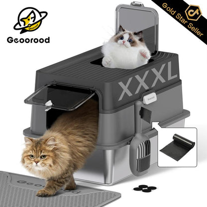 【Geoorood】Geoorood XXL Cat Litter Box Stainless Steel 20L with Lid, XL Large Metal Litter Box High Sided Design,Anti-Urine Leakage, Include Cat Mat & Litter Scoop, Neverabsorbsodors, Easycleaning, Non-Sticky#Catlovers#Septemberrestock#Fallfreshness