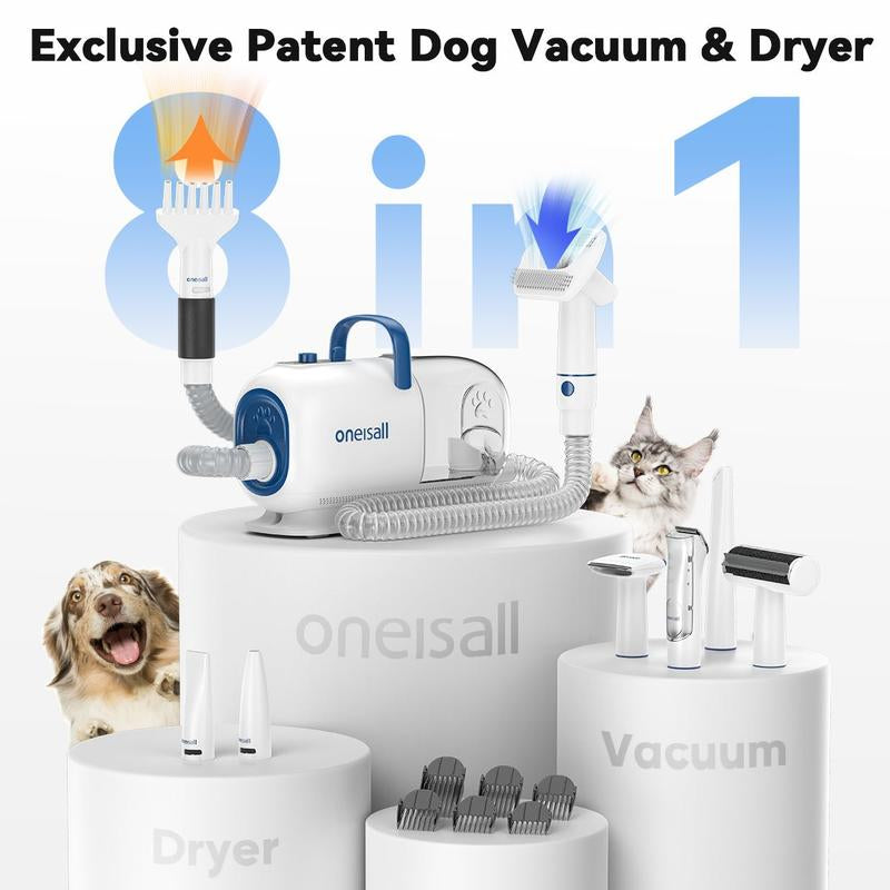 Oneisall Smart Pet Grooming Vacuum Blow Dryer and Clippers, Dog Grooming Kit for Shedding Drying Trimming Pet'S Hair, 7 Levels of Blow Temperature, Adjustable Air Flow Petgeekdispenser