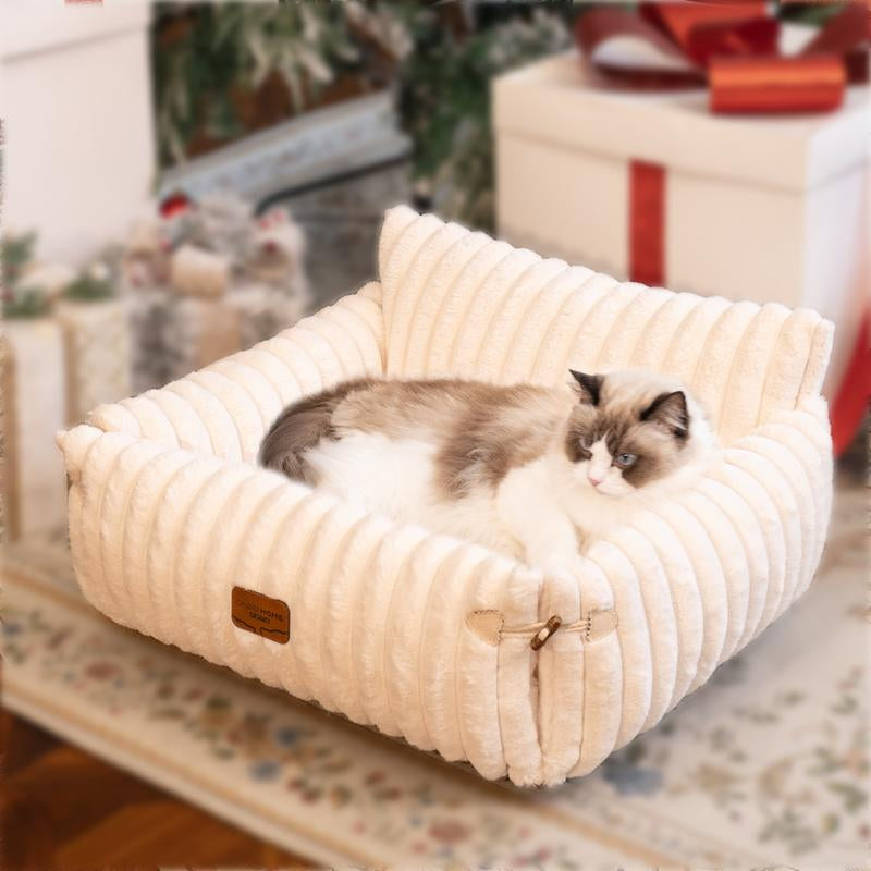 Pet Couch Bed, Orthopedic Fluffy Sofa for Cat and Small Dog, Recliner with Removable Washable Cover, Cute Calming Pet Lounge Suitable for Puppy Kitten for Indoor (Off-White)