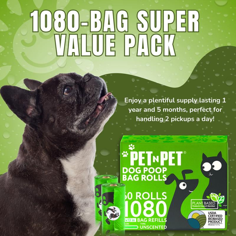 PET N PET Dog Poop Bag USDA Certified 41% Biobased Poop Bags 270&1080 Counts 60 Rolls 9X13 Inches Dog Poop Bag