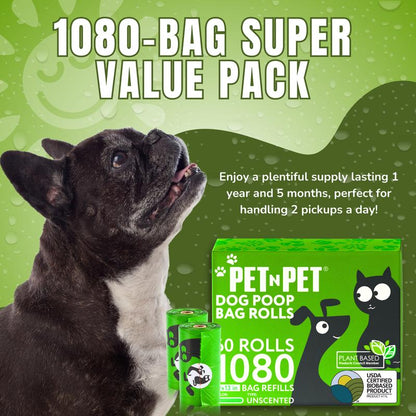 PET N PET Dog Poop Bag USDA Certified 41% Biobased Poop Bags 270&1080 Counts 60 Rolls 9X13 Inches Dog Poop Bag