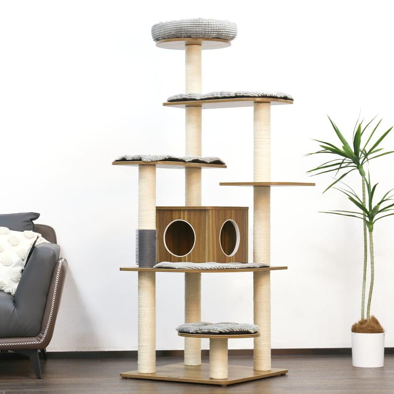KAMABOKO Wooden Cat Tree Tower with Multi-Level Platforms Large Cat Tower Multi-Level Platforms with Sisal Scratching Posts Cat Toy