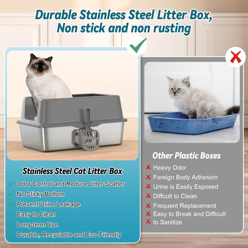 Anyask XL Cat Litter Box Stainless Steel with Lid, Automatic Cat Feeder Litter Box, 2 Models, High Wall Sides Enclosure, Non-Sticky, Anti-Leakage, Easy Cleaning