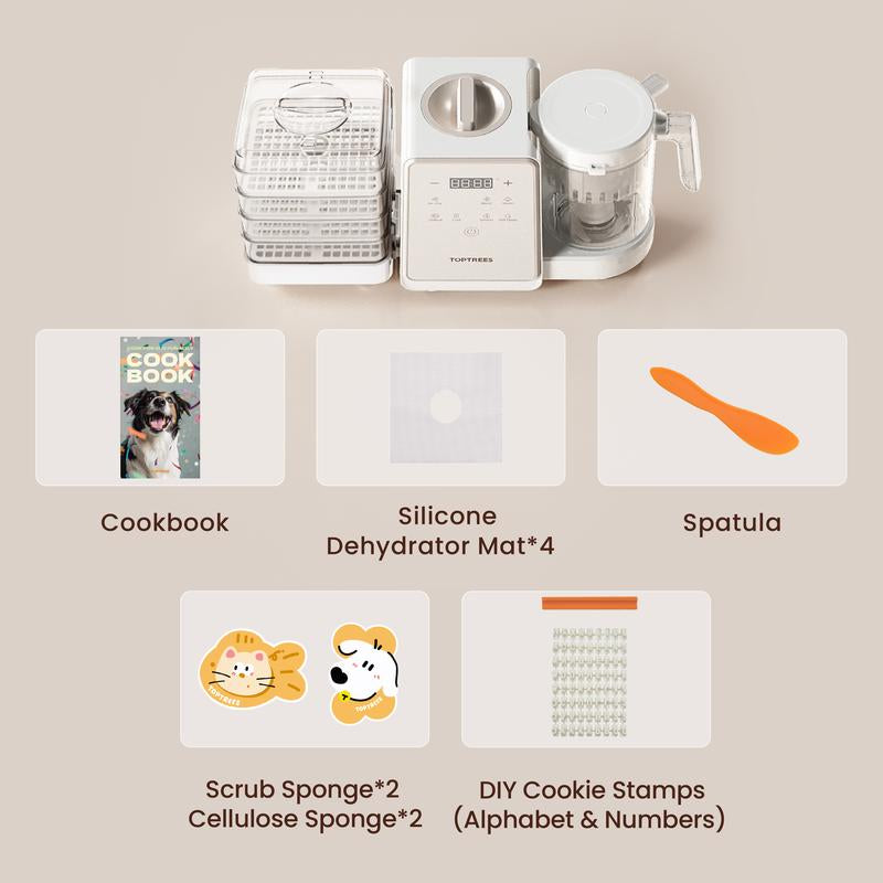 Toptrees Pet Treats Maker - 10 Types of Homemade Fresh Pet Treats & Foods for 5 Pets 5.5-Qt 7-In-1 Cooking Machine with Easy One-Step Touch Panel 100+ Pet DIY Recipes Wet Cat Food Dog Jerky T1 Smart Design