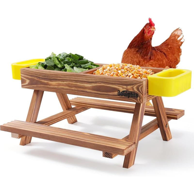 Chicken Feeders and Waterers, Chicken Feeder No Kit with Chicken Picnic Table and 2 Chicken Water Feeder, Handmade Wooden Chicken Supplies & Accessories for Chicken Coop