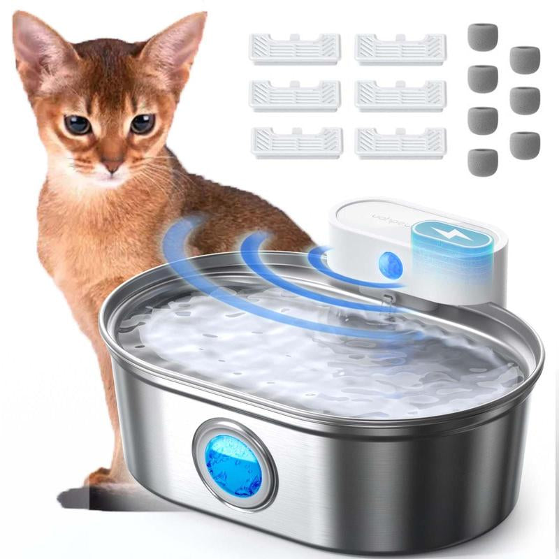 Uahpet Stainless Steel Wireless Cat Water Fountain Pro, Cordless Battery-Operated Pet Water Dispenser for Dog Rabbit, Easy to Clean 67Oz/2L