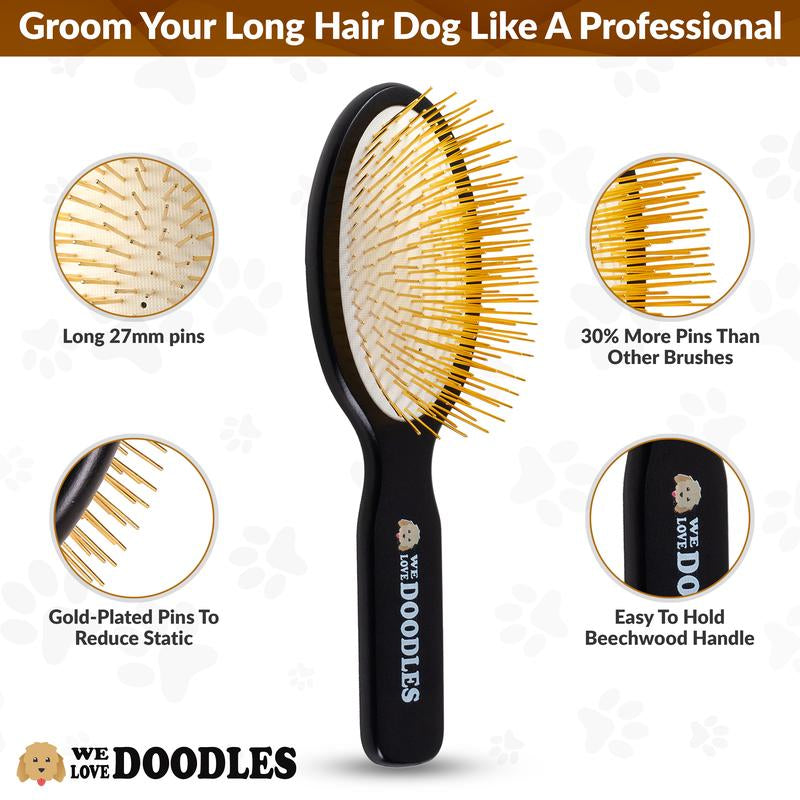 Pin Brush for Dogs - Dog Brush for Shedding and Removing Loose Fur, Lightweight Beech Wood with Gold Plated Pins for Long Hair Pets