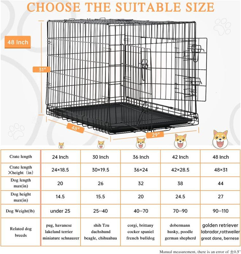 Large Dog Crate, 18/24/36/42/48 Inches Double Door Pet Crate Folding Metal Wire Dog Cage Pet Dog Kennel with Divider Panel, Leak-Proof Plastic Pan, Indoor Outdoor Pet Crates for Medium and Large Breed Pet Animals