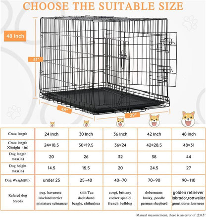 Large Dog Crate, 18/24/36/42/48 Inches Double Door Pet Crate Folding Metal Wire Dog Cage Pet Dog Kennel with Divider Panel, Leak-Proof Plastic Pan, Indoor Outdoor Pet Crates for Medium and Large Breed Pet Animals