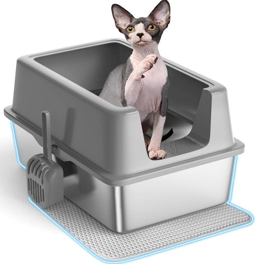 Anyask XL Cat Litter Box Stainless Steel with Lid, Automatic Cat Feeder Litter Box, 2 Models, High Wall Sides Enclosure, Non-Sticky, Anti-Leakage, Easy Cleaning