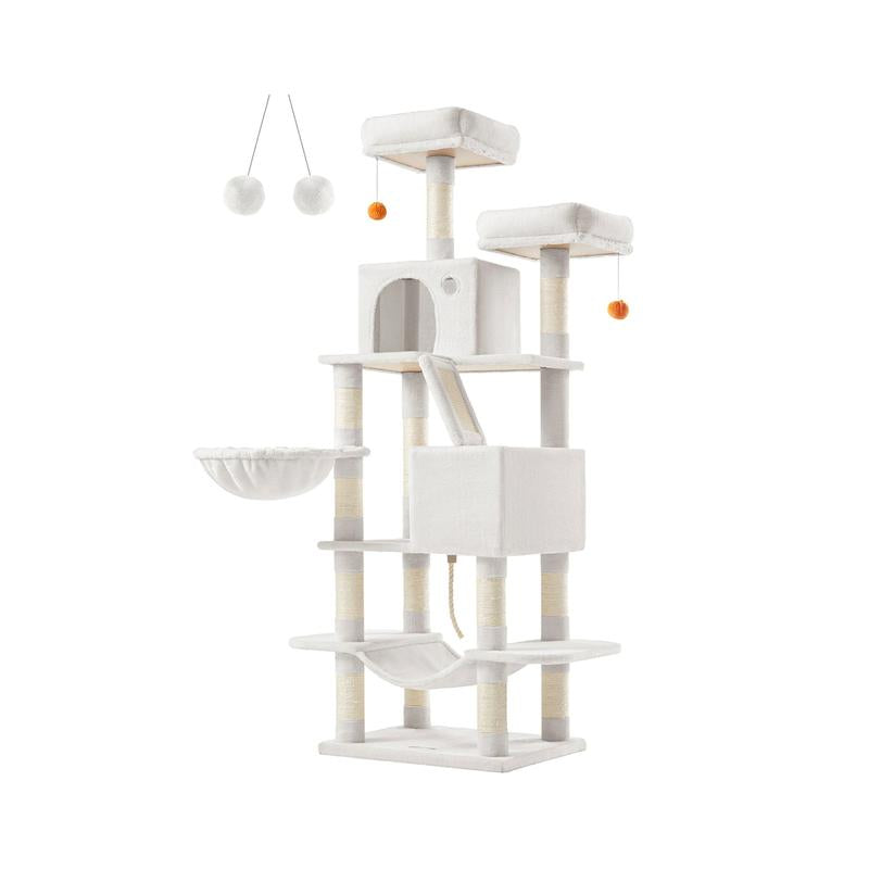 Feandrea 66.1-Inch Multi-Level Cat Tower with Scratching Posts, Perches, Caves, Basket, Hammock, and Pompoms for Indoor Cats