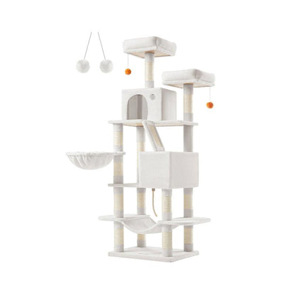 Feandrea 66.1-Inch Multi-Level Cat Tower with Scratching Posts, Perches, Caves, Basket, Hammock, and Pompoms for Indoor Cats