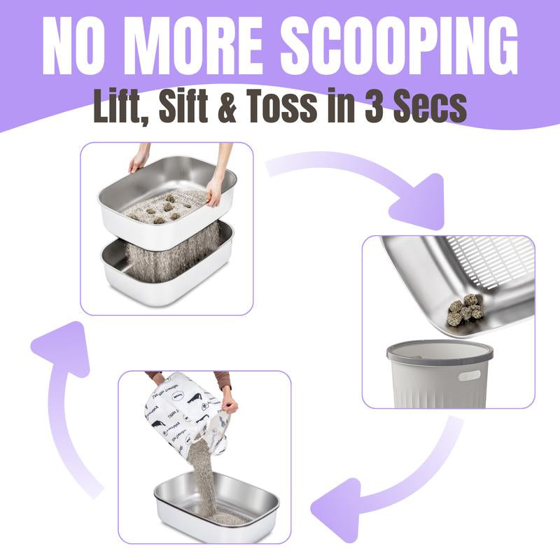 XL Sifting Litter Box for Regular Litter,Stainless Steel Sifting Box, Easy to Clean Catbox with High Sides, Includes Scoop & Transfer Bag