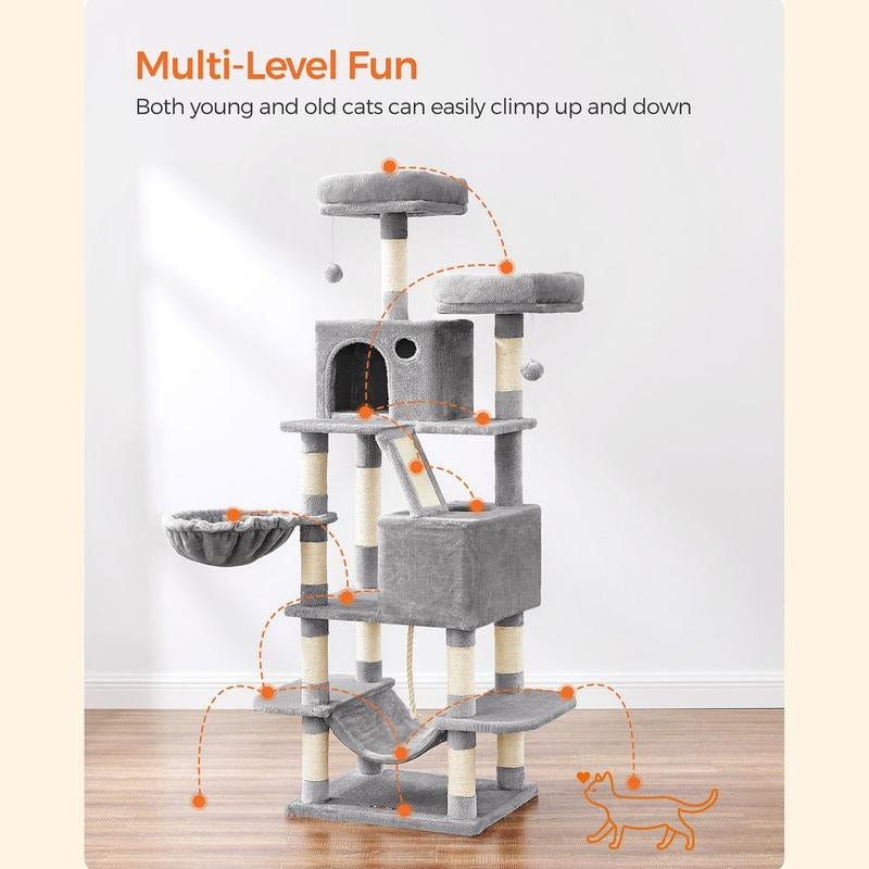 Feandrea 66.1-Inch Multi-Level Cat Tower with Scratching Posts, Perches, Caves, Basket, Hammock, and Pompoms for Indoor Cats