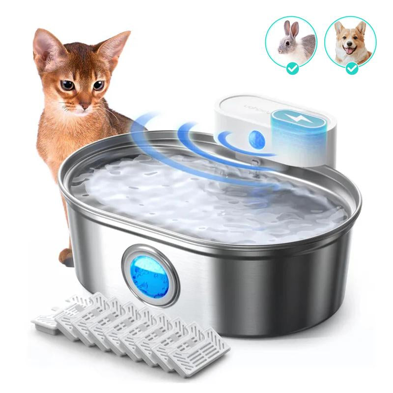 Uahpet Stainless Steel Wireless Cat Water Fountain Pro, Cordless Battery-Operated Pet Water Dispenser for Dog Rabbit, Easy to Clean 67Oz/2L