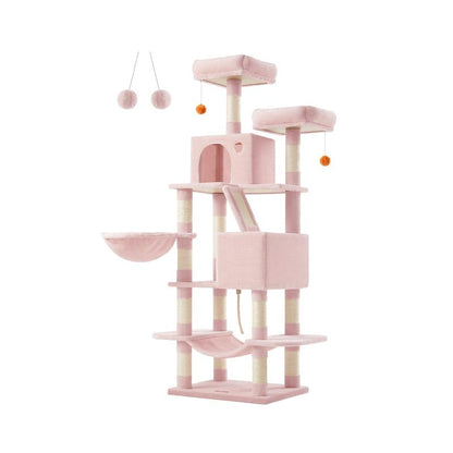 Feandrea 66.1-Inch Multi-Level Cat Tower with Scratching Posts, Perches, Caves, Basket, Hammock, and Pompoms for Indoor Cats