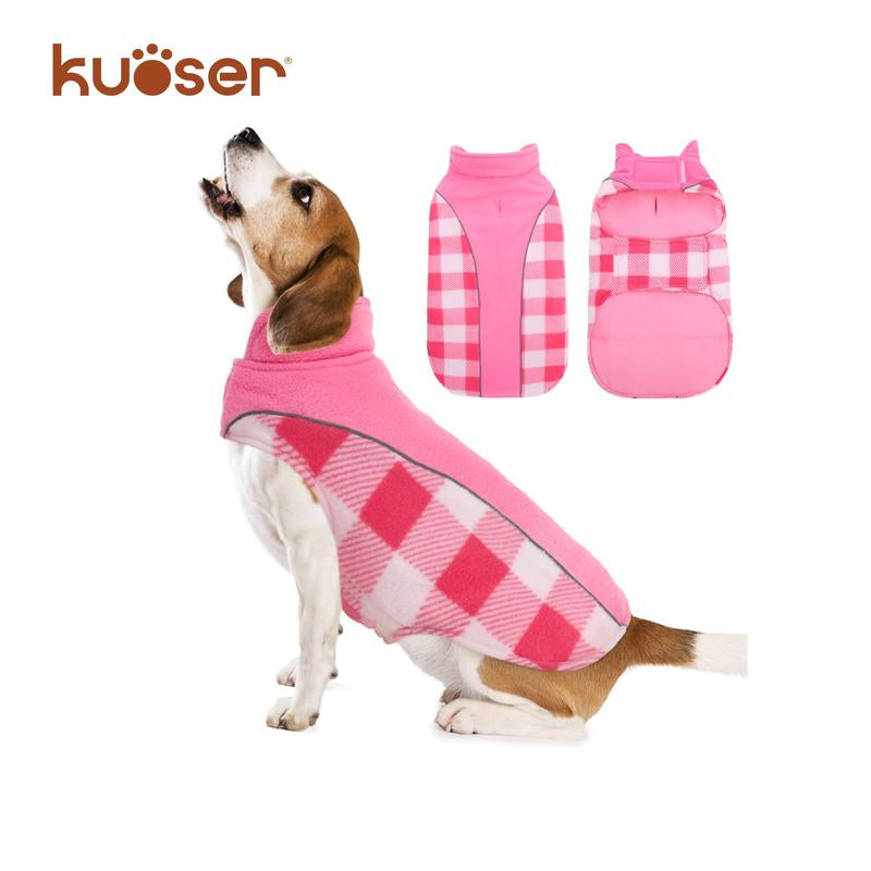 Kuoser Reversible Dog Coat, Warm Waterproof Dog Jacket, British Style Plaid Dog Winter Coats, Puppy Cold Weather Vest Windproof Outdoor Clothes Dog Snow Jackets for Small Medium Large Dogs