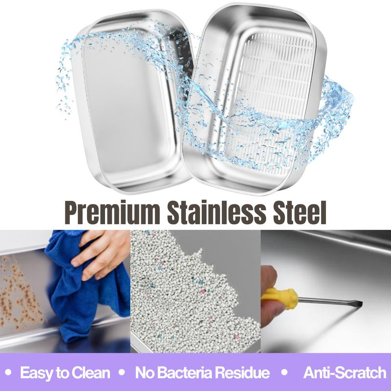 XL Sifting Litter Box for Regular Litter,Stainless Steel Sifting Box, Easy to Clean Catbox with High Sides, Includes Scoop & Transfer Bag
