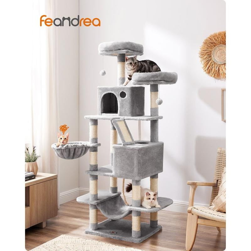 Feandrea 66.1-Inch Multi-Level Cat Tower with Scratching Posts, Perches, Caves, Basket, Hammock, and Pompoms for Indoor Cats