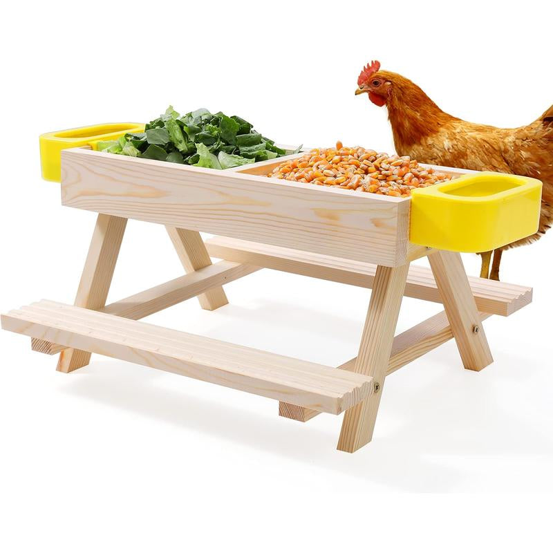 Chicken Feeders and Waterers, Chicken Feeder No Kit with Chicken Picnic Table and 2 Chicken Water Feeder, Handmade Wooden Chicken Supplies & Accessories for Chicken Coop