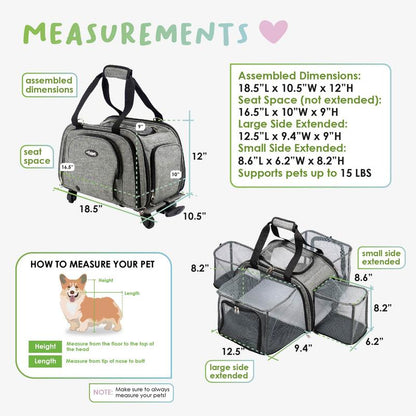 Happy Camper Expandable Pet Carrier: 4X Room, Durable Mesh, 360° Wheels, Faux-Sherpa Mat, Airline Approved, 3 Carrying Options, Zipper Doors, Removable Wheels & Base, Folds Flat for Travel for Dogs, Cats, Small Animals, Supports up to 20 LBS