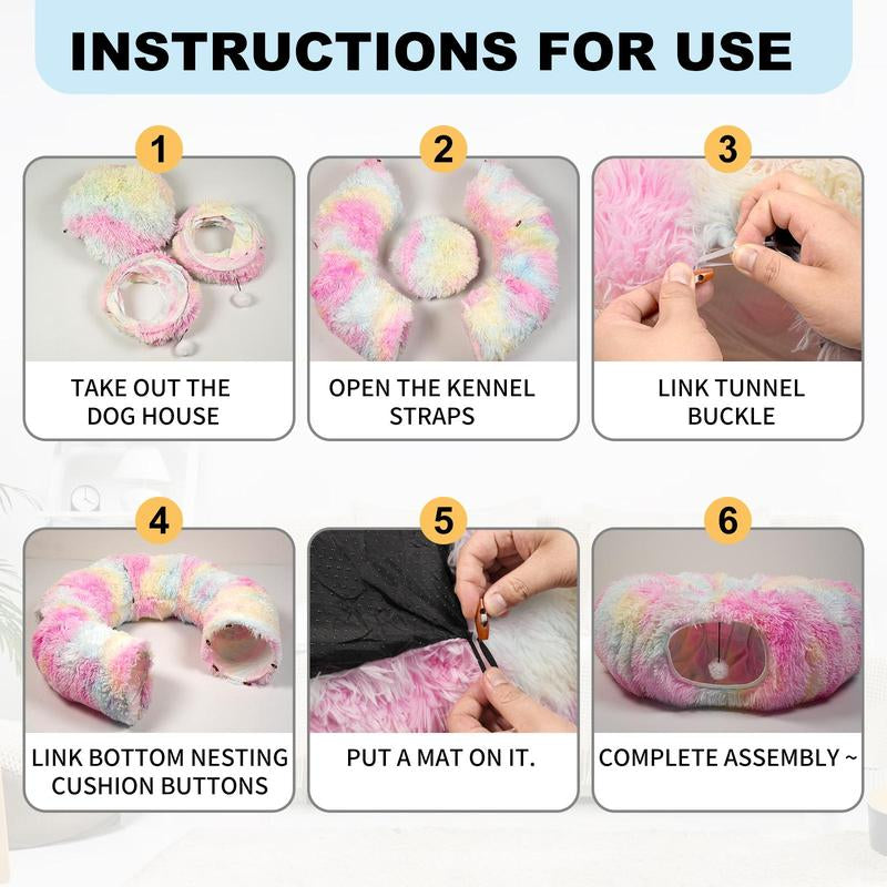 Winter Warm Pet Bed, 2 in 1 Foldable Cat Tunnel Cat Bed, Warm Plush Cat Bed with Hanging Ball & Tunnel Buckle, Pet Supplies for Indoor Outdoor Use