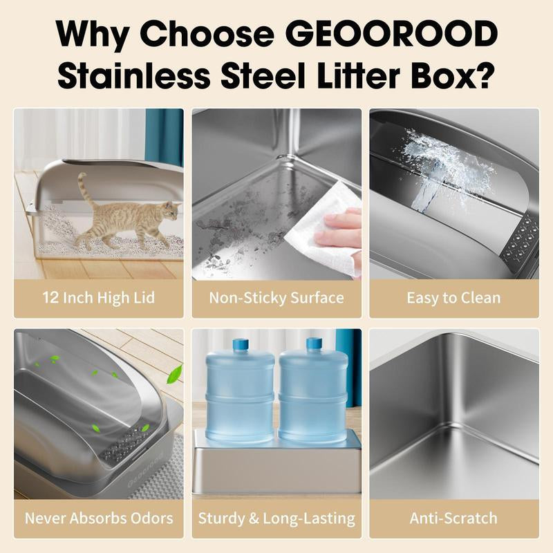 【Geoorood】Geoorood XXL Cat Litter Box Stainless Steel 20L with Lid, XL Large Metal Litter Box High Sided Design,Anti-Urine Leakage, Include Cat Mat & Litter Scoop, Neverabsorbsodors, Easycleaning, Non-Sticky#Catlovers#Septemberrestock#Fallfreshness