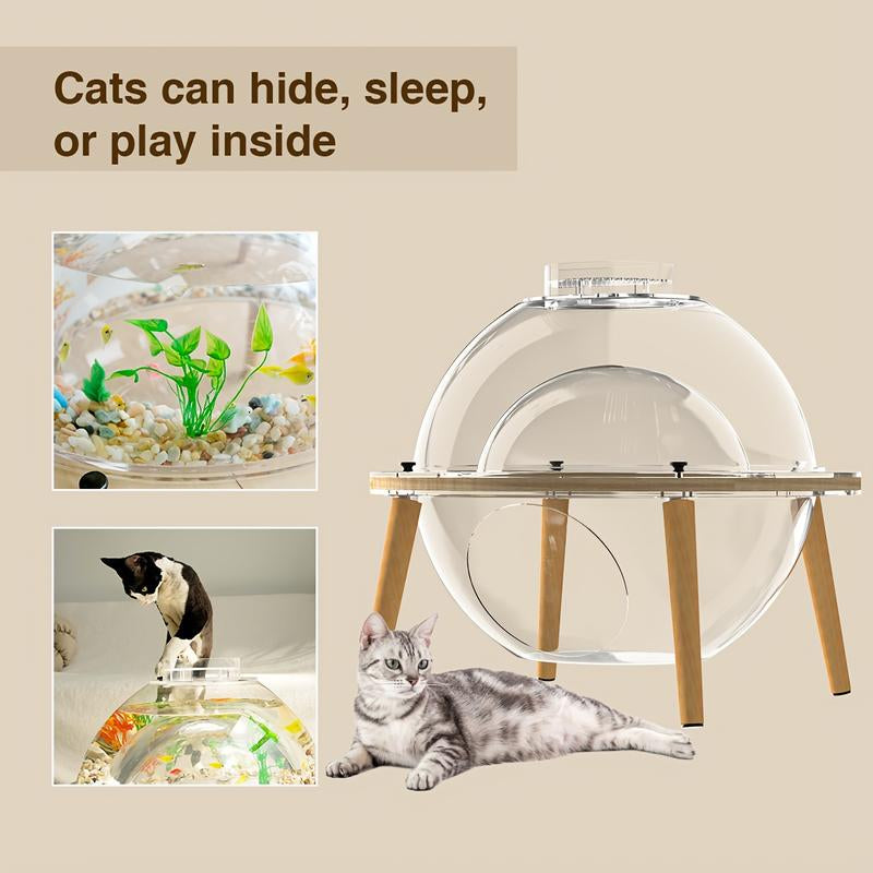 Round Cat Aquarium Tank with Wooden Stand - Reinforced Thick Glass Fish Tank with Viewing Space for Cats, Small Pets, and Fish - Creative Coexistence Habitat for Play and Rest - Includes Decorative Stones and Ornaments, Aquarium Fish Tank